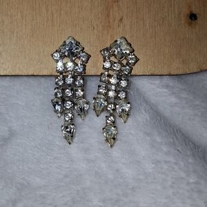 Vintage Art Deco Bauegette And Clear Round Rhinestone Drop Screwback Earrings